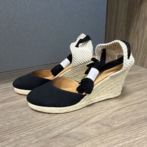 J.Crew Black Woven Espadrille Wedge Sandals Ankle Tie Canvas Upper Women